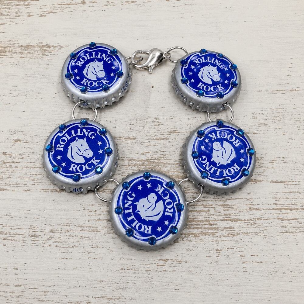 Rolling Rock Beer Bottle Cap Charm Bracelet Rhinestone Embellished Adjustable